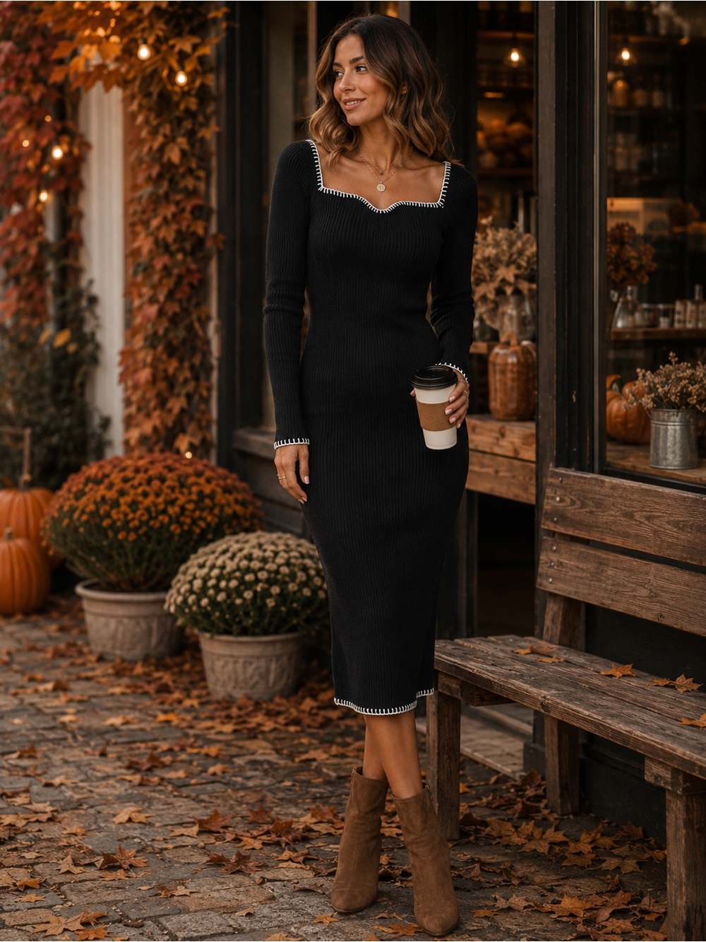 Black Long Sleeve Ribbed Knit Midi Dress - 595